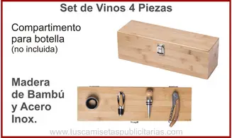 Set de Vino Bambú Botellero 4 Piezas