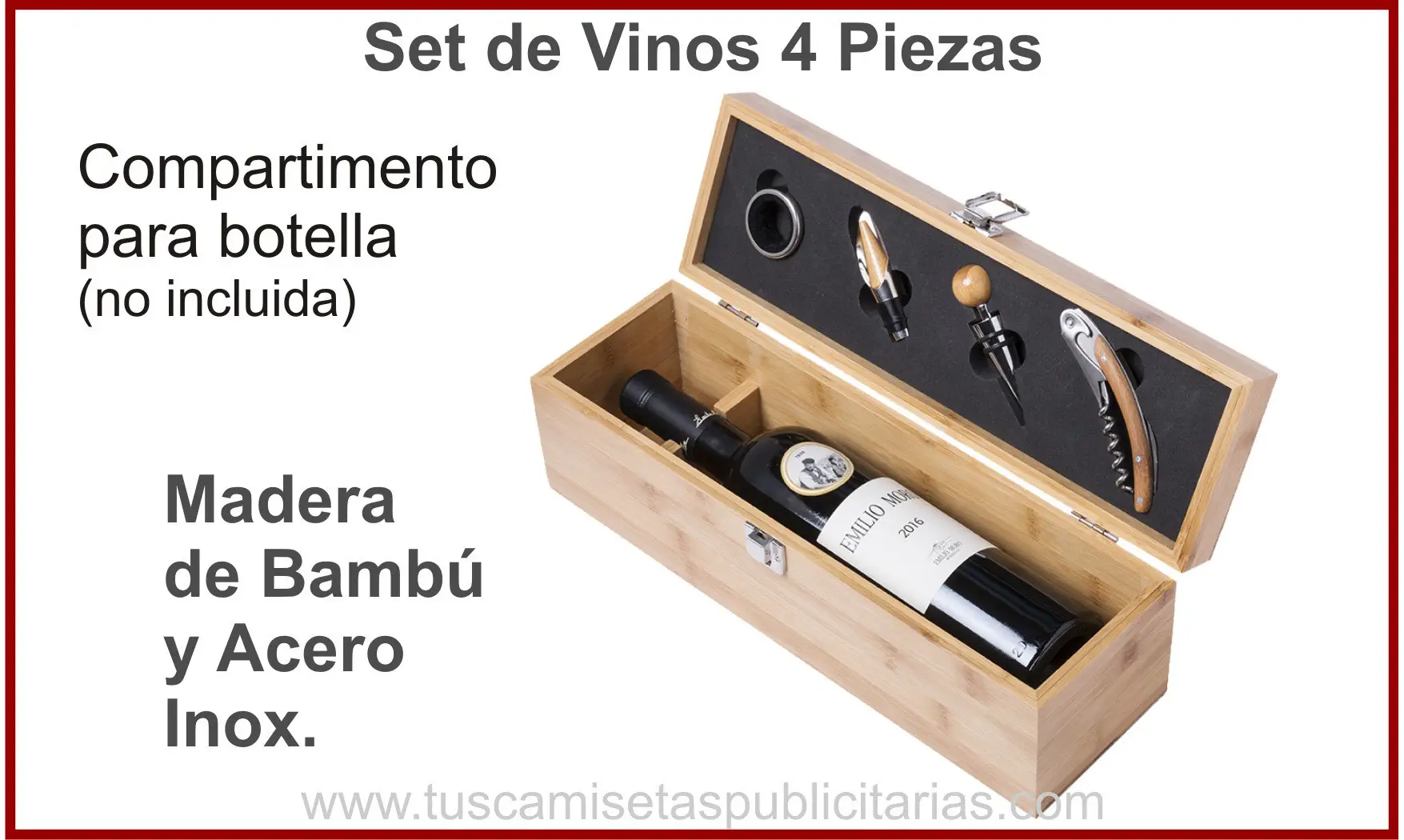 Set de Vino Bambú Botellero 4 Piezas