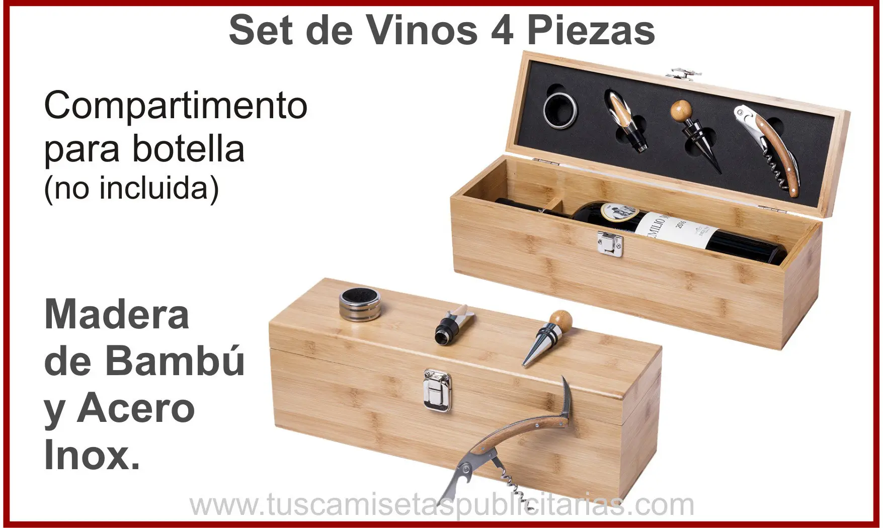 Set de Vino Bambú Botellero 4 Piezas