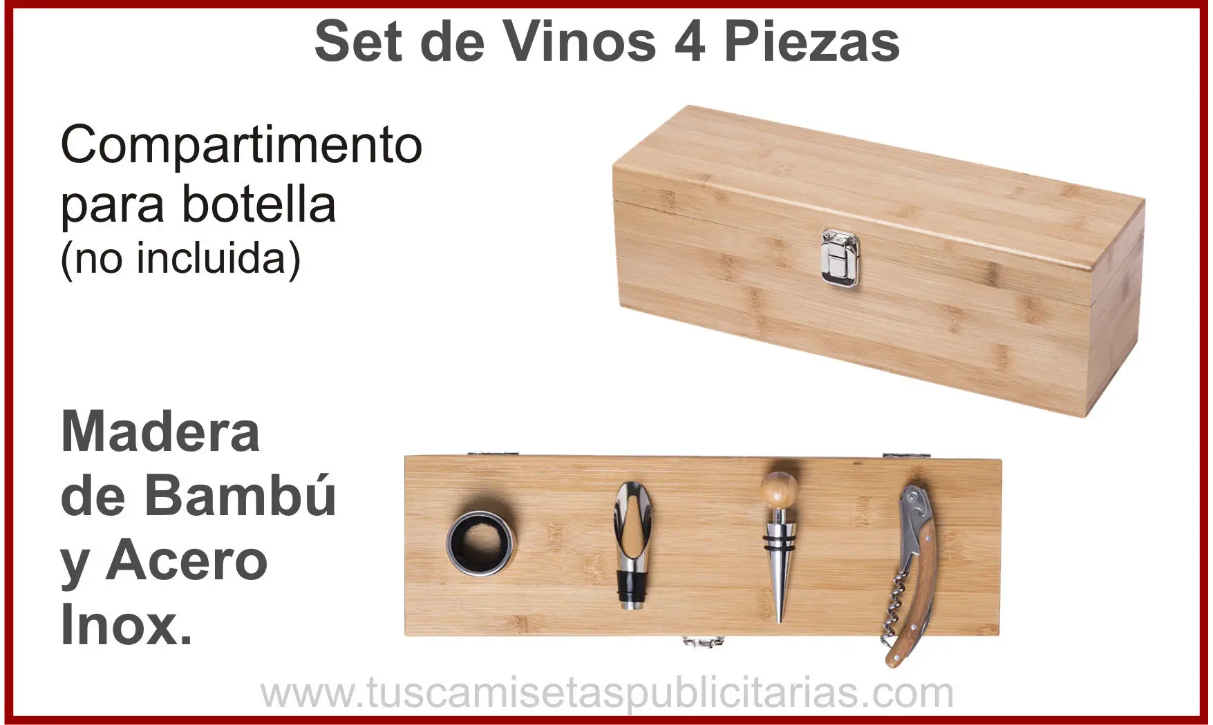 Set de Vino Bambú Botellero 4 Piezas