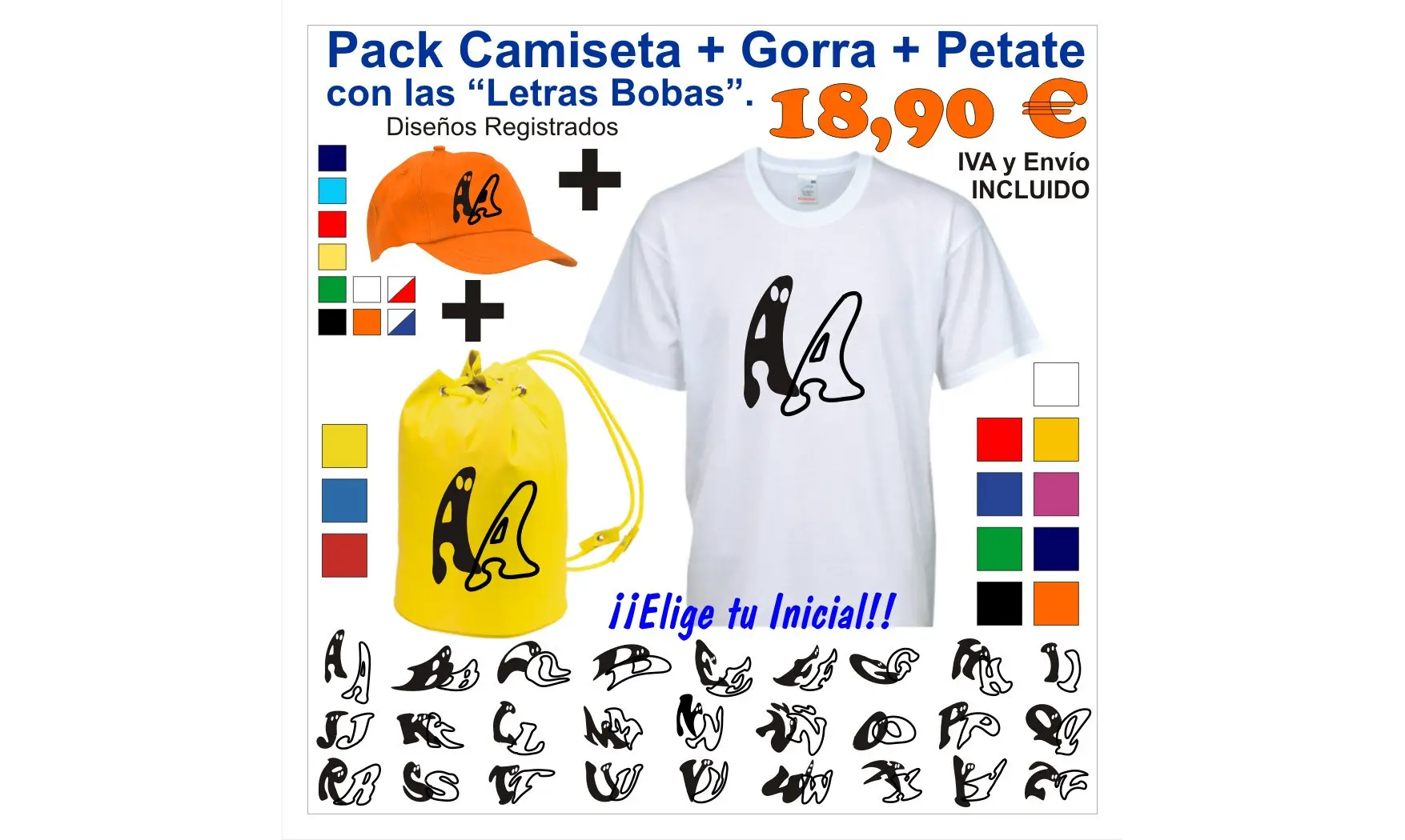 Camiseta + Gorra + Petate con tu Inicial